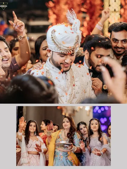 A collage capturing the groom being showered with petals and the bride's side waiting to welcome the Baraat.