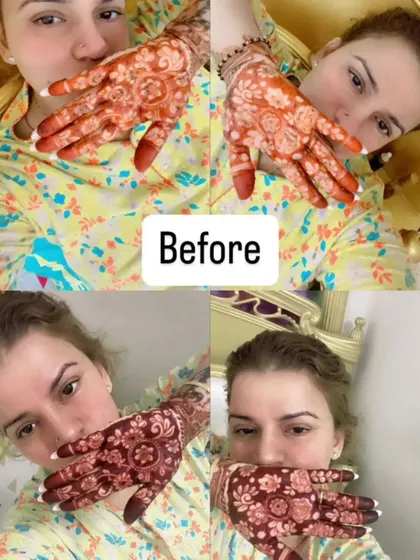 A before and after collage from a happy client. You can see the journey from the fresh henna paste to the final, beautiful dark stain.