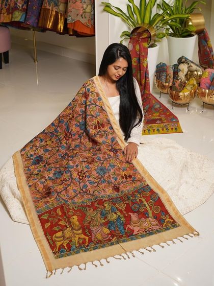 This is a glimpse into my Kalamkari Edition, featuring a wide array of hand-painted dupattas and fabrics from the Indralokam series. Each piece is a unique story, available for you to customize into your dream outfit.