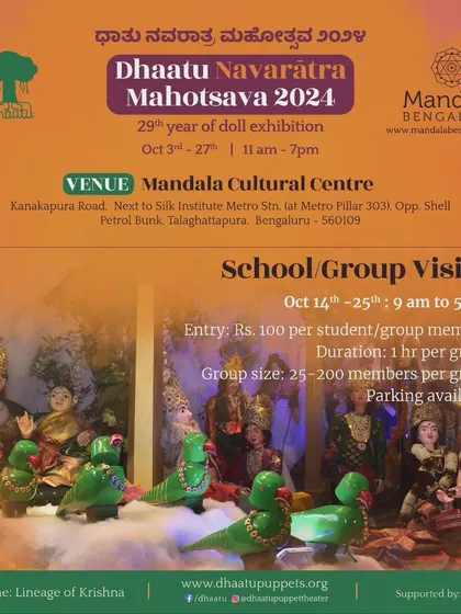 A warm welcome to all for the 2024 Dhaatu Navaratra Mahotsava. This poster highlights the main scene, the Lineage of Krishna, and provides details for school group visits.
