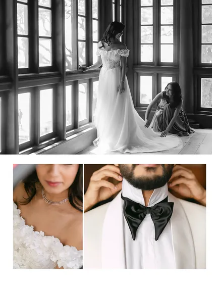 A collage of getting-ready moments. It shows a bridesmaid helping with the dress, a close-up of the bride's necklace, and the groom adjusting his unique bow tie, telling the story of their preparation.
