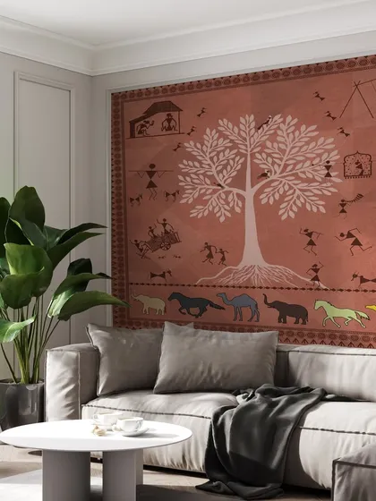 This living room showcases our Traditional Indian Warli Life wallpaper, adding a touch of cultural heritage and artistic storytelling. It’s a design that brings warmth and a unique narrative to any modern home.