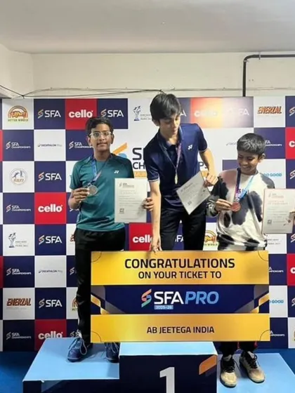 Winners on the podium at the SFA Championship in Mumbai. We partner with organizations like the Sports For All foundation to execute multi-sport events with a focus on badminton.