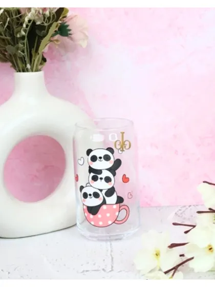 A cute can-shaped glass featuring a stack of adorable pandas. This is a fun, non-personalized option for animal lovers.