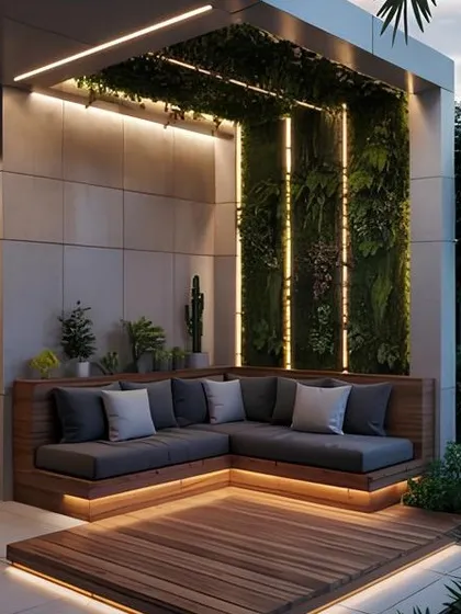 We designed this cozy corner with a custom L-shaped wooden bench and integrated it with a vibrant artificial green wall. The warm glow from the under-seat and overhead LED lighting makes this a perfect spot for intimate conversations.