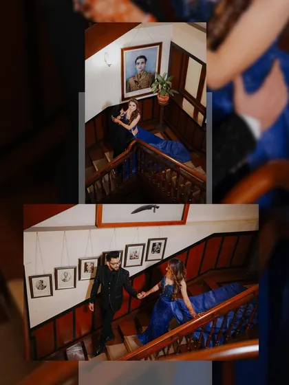 A collage of a couple during their engagement shoot inside a heritage building, using the grand staircase to create elegant and dynamic compositions.
