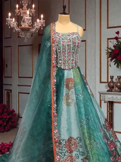 This beautiful corset lehenga in shades of teal and green is a work of art. The floral printed skirt is paired with a delicately embroidered corset top, creating a fresh and romantic look for a day function.