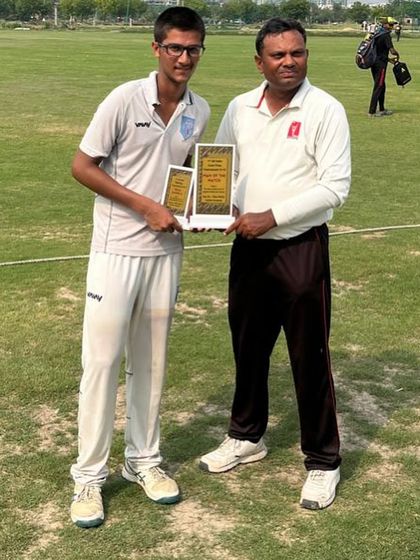 Another century for Laksh Narang. Posing with his well-deserved award after the match.