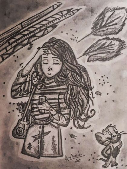 A whimsical pencil sketch capturing a mood, showing a girl on a windy day.