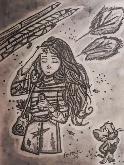 A whimsical pencil sketch capturing a mood, showing a girl on a windy day.