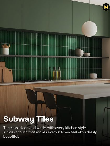 Subway tiles are a timeless classic that works with every kitchen style. In this kitchen, dark green subway tiles are laid vertically to add height and a touch of modern elegance, pairing beautifully with the wooden cabinets.