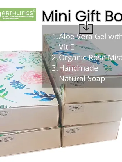 A look at our mini gift box, which contains three of our favorites: Aloe Vera Gel with Vitamin E, Organic Rose Mist, and a handmade natural soap.