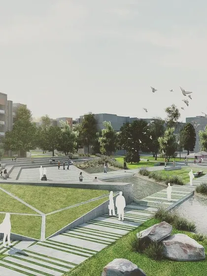 We designed this community park to be a dynamic public space, featuring a terraced amphitheater for events and gatherings. The layout includes accessible walking paths that meander alongside a naturalized water feature, promoting both activity and relaxation within the residential layout.