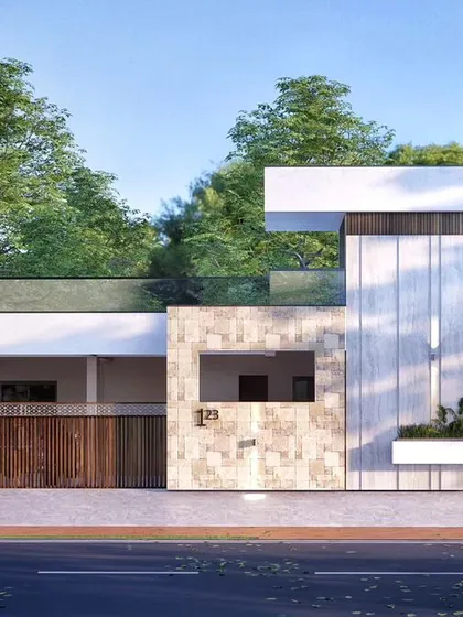 A single-story modern home design with a bold, minimalist aesthetic, featuring a cantilevered roof and a mix of stone, wood, and glass.