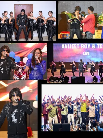 A collage from our corporate show for the Bengal Cashew Association. It shows the performance, the felicitation, and the happy audience.
