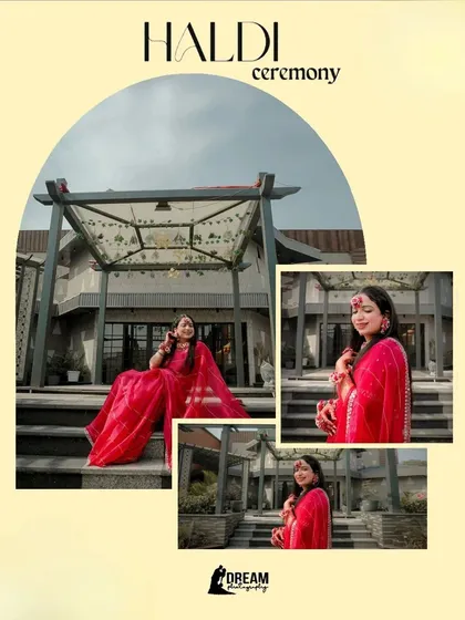 A collage of Ahana at her Haldi ceremony, capturing her poses against the backdrop of the modern venue.