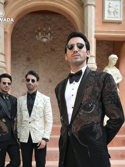 A powerful shot focusing on the eye-motif tuxedo, flanked by other unique designs. This demonstrates the cohesive yet diverse nature of our collections.