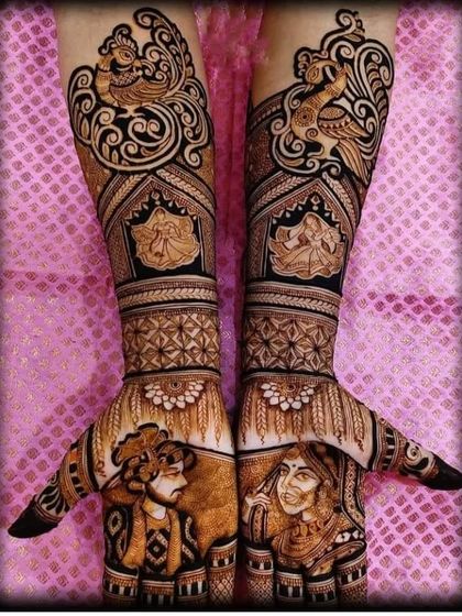 This is a very expressive portrait design, capturing the playful emotions of the bride and groom. The surrounding artwork includes dancing figures and bold peacock motifs.