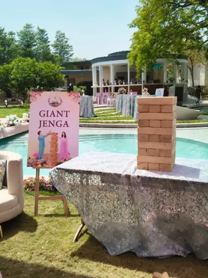Who says Haldi functions can't have a little friendly competition? I set up this Giant Jenga game by the pool for a beautiful outdoor event in Gurugram, giving guests a fun and interactive activity to enjoy.