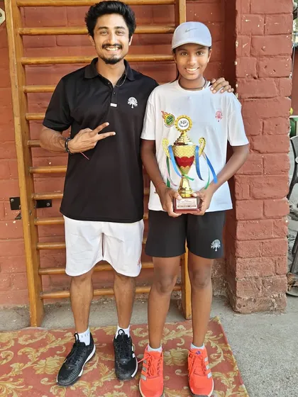 Tamanna Nair with her coach after winning the U-14 Doubles at the All India Championship Series at Khar Gymkhana.