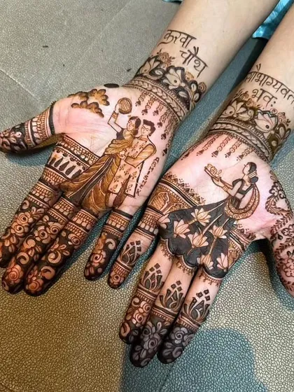 This Karwa Chauth design tells a complete story. I've created a detailed portrait of a couple celebrating together, alongside a woman performing the ritual, all framed by delicate floral patterns and the auspicious blessing "सदा सौभाग्यवती भव:" written on the wrist.