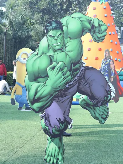 A life-sized Hulk cutout prop, perfect for a superhero-themed party or a corporate family day. Our custom cutouts add a fun and interactive element to any event.