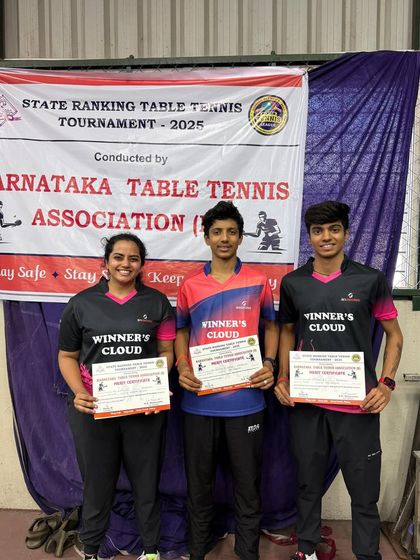 Our team celebrating a successful tournament. Abhinav Murthy won a double title, K J Akash finished 3rd, and Kushi V secured a silver medal in the Women's Singles category.