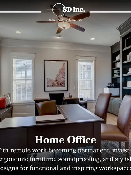 A home office setup designed for productivity and style. This space features ergonomic furniture, ample natural light, and built-in bookshelves, creating a functional and inspiring workspace.