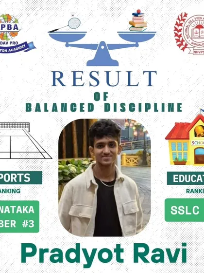 We believe in balancing dreams with discipline. This is Pradyot Ravi, who achieved a Karnataka state rank of #3 in badminton while also scoring an outstanding 93% in his SSLC board exams, proving our integrated academic program works.