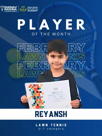 Reyansh, our Lawn Tennis Player of the Month for February (U-7). It's wonderful to see such young talent developing a passion for the sport.