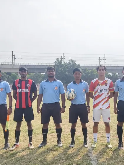 The captains and officials line up before a Star Strikers vs Delhi Elites match in the HCL Youth League.