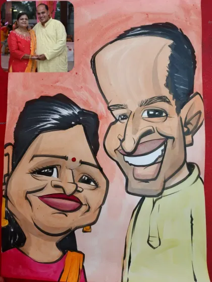 A colorful caricature of a couple, created from their photo. I focus on exaggerating features to create a fun and loving portrait.