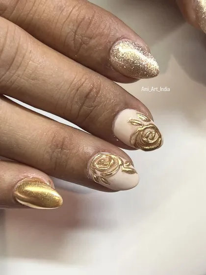 A glamorous combination of gold glitter, solid gold chrome, and 3D golden roses on a nude base. Perfect for a bride or any special event.
