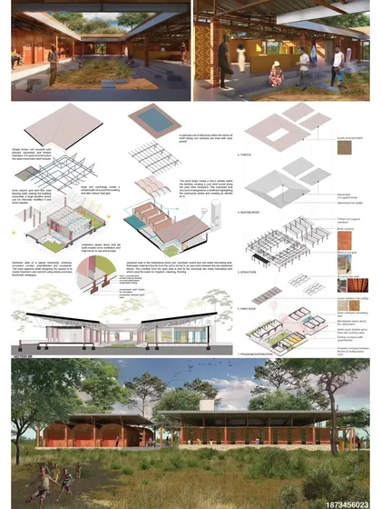 A presentation sheet showing exploded axonometric diagrams and renderings of the 'Sanctuary' project. This helps explain the modular construction and material-based design approach.