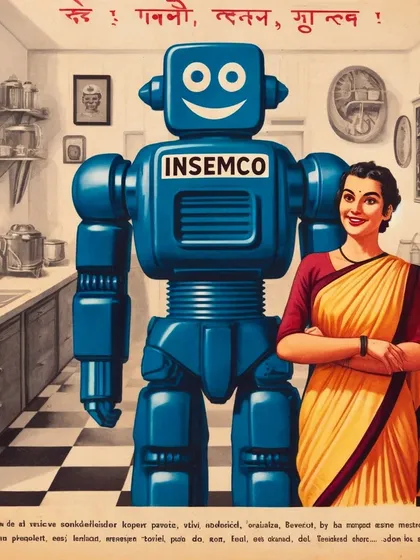 Another INSEMCO ad, showing a smiling robot and a proud homeowner. The slightly garbled text at the bottom is a deliberate artifact of the AI generation process that I sometimes leave in.