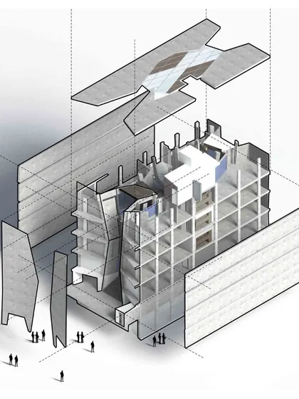 An exploded axonometric drawing of the Cleft House, revealing the complex structural grid and the relationship between the outer monolithic shell and the intricate interior spaces.