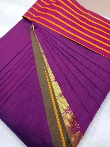 A pre-pleated cotton saree. My service is not just for silks; I can help you get the perfect drape with your cotton sarees too.