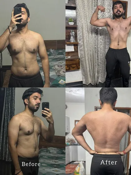 This client's progress shows a significant change in body composition, with increased muscle mass in the chest and back, and a reduction in body fat. The journey is ongoing, but the results are clear.