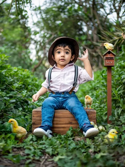 A charming outdoor first birthday setup. This little boy looks like a classic adventurer, sitting on a wooden box surrounded by greenery and little chicks.