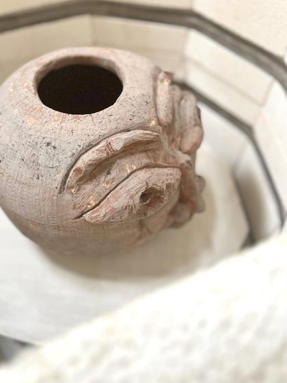 A sculpted piece sits inside our new electric kiln, ready for a test firing. Having both gas and electric kilns gives our members more options for different firing effects and finishes.