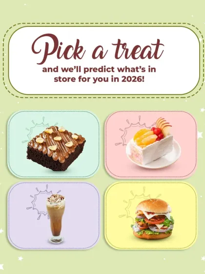 Let's have some fun. We love engaging with you, and this "pick a treat" post is a playful way to choose your next order from a selection including a brownie, fruit pastry, cold coffee, and our mega burger.