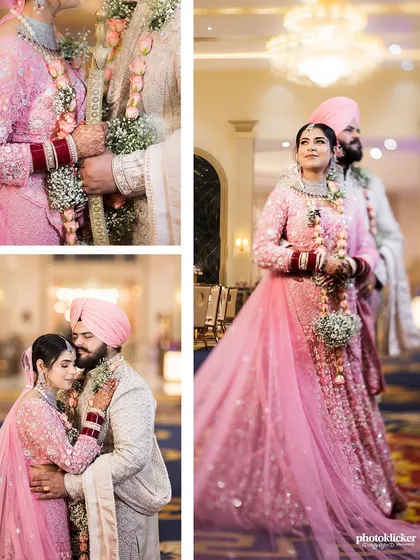 A beautiful collage from a Sikh wedding, highlighting the couple's coordinated pink outfits, the serene moments of the Anand Karaj, and their loving portraits.