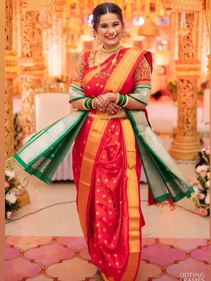 A full-length shot showing the beautiful drape of the Nauvari saree, a specialty of mine.