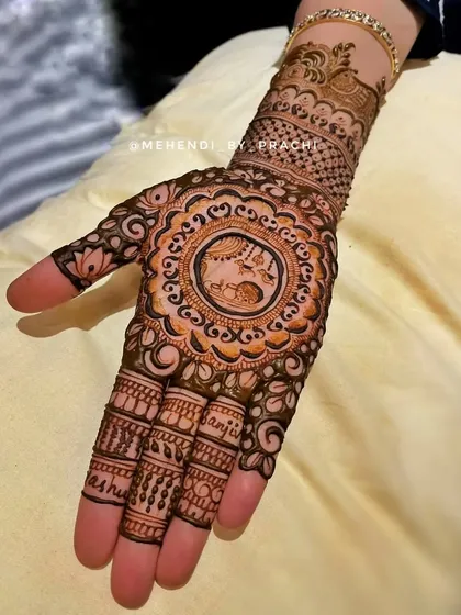 A single-hand Karwa Chauth design featuring a small portrait within a large, circular mandala. This style is perfect if you want a detailed and festive look that is focused on one hand.