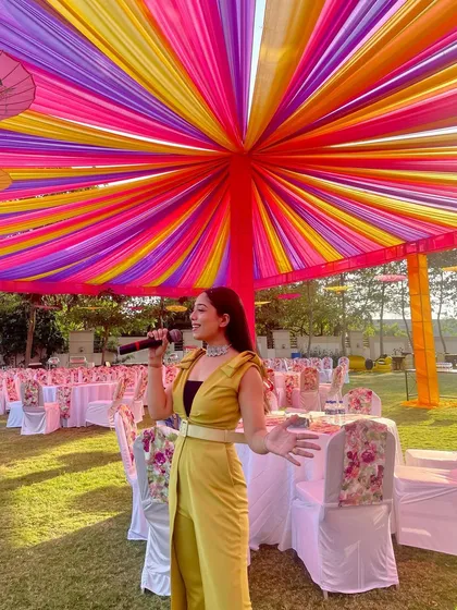 Pausing the rest, when I do a little mic test. Getting ready for a pool party event with colorful decor.