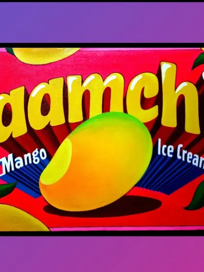 A hand-painted advertisement concept for "Aamchi Mango Ice Cream". I used bright, appealing colors and a realistic mango illustration to make the product look delicious.