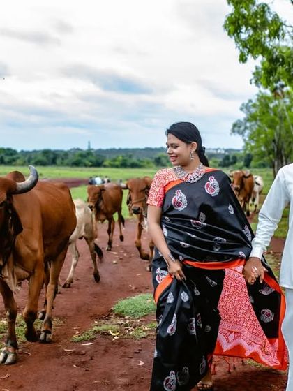 A unique and fun pre-wedding photo of a couple walking through a field with a herd of cows. We are always up for creative and unconventional shoot ideas.