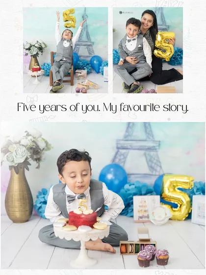 Five years of my favorite story. A personal collage celebrating my own son's fifth birthday with a fun, Paris themed cake smash.