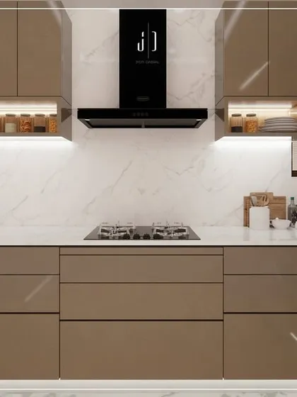 A glimpse into a modern kitchen I designed, focusing on clean lines and warm, earthy tones. This space features handleless high-gloss cabinets, open wooden shelving with integrated lighting, and a durable quartz countertop, creating a kitchen that is as functional as it is beautiful.
