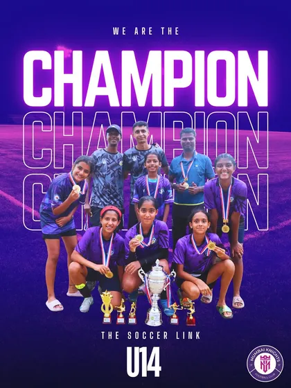 Our U14 girls showcasing their championship trophy from The Soccer Link tournament, a testament to their hard work and talent.